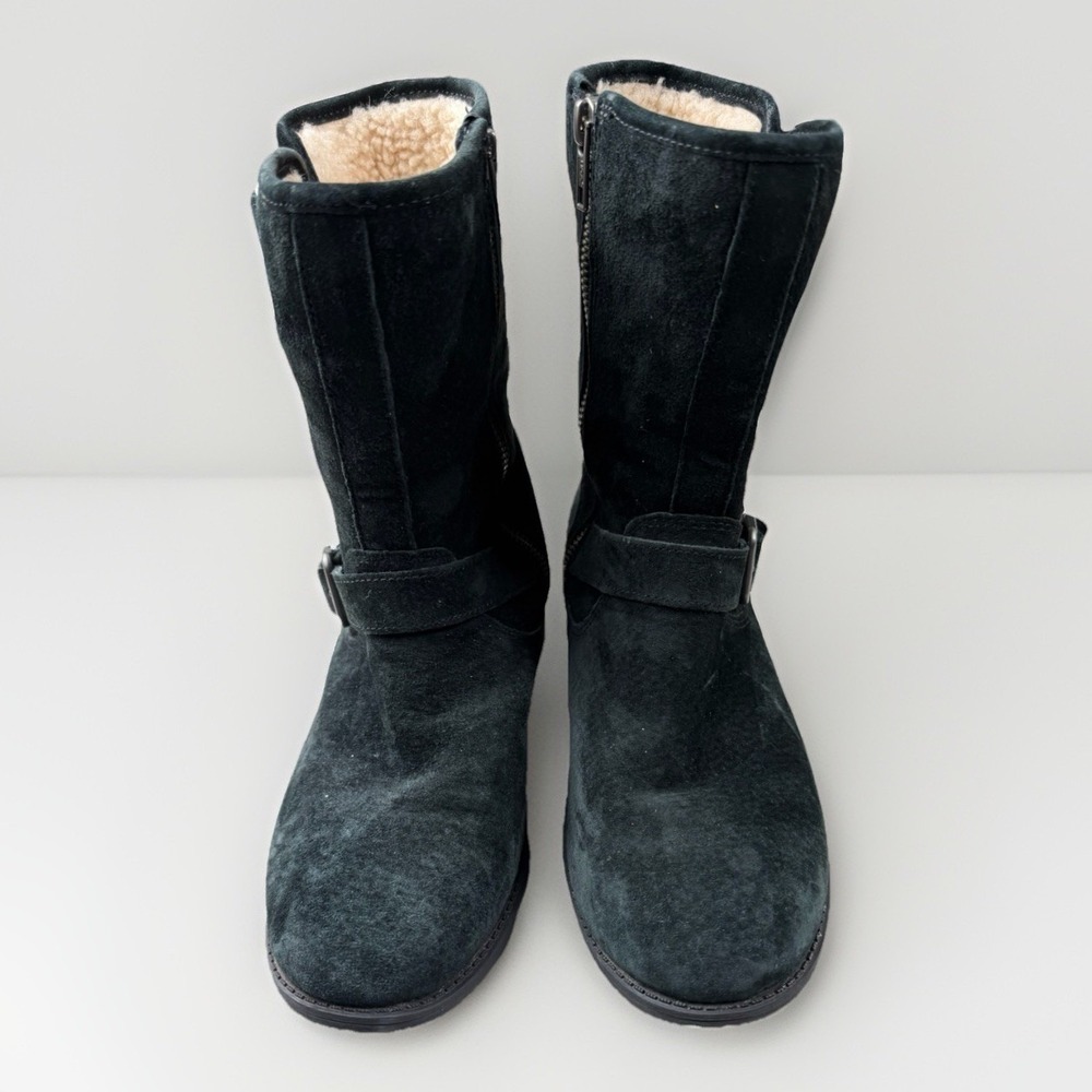 UGG Simmens Black Suede Biker Boots Womens 8 Waterproof Buckle Zip 1006042 - Picture 4 of 8